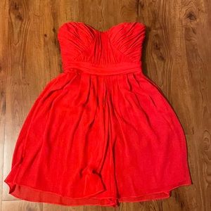 Red strapless fit and flare mini dress